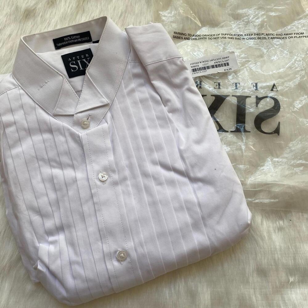 After Six White Pleated Fitted Wing Collar Dress Shirt 100% Cotton 15 1/2 36/37
